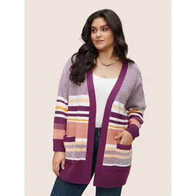 Bloomchic Women's Plus Size Supersoft Essentials Striped Contrast Open Front Cardigan Purple Long Sleeve 12/l