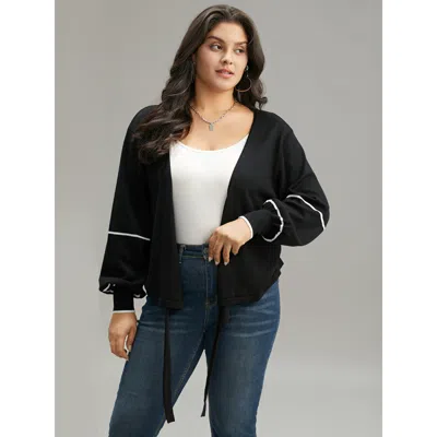 Bloomchic Women's Plus Size Supersoft Essentials Striped Contrast Ties Lantern Sleeve Cardigan Black Long Slee