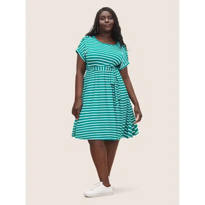 Bloomchic Women's Plus Size Supersoft Essentials Striped Dolman Sleeve Belted Dress Turquoise Stripes Midi Cas In Blue