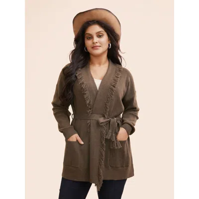 Bloomchic Women's Plus Size Supersoft Essentials Tasseled Neckline Long Cardigan Browncoffeecolor Long Sleeve 