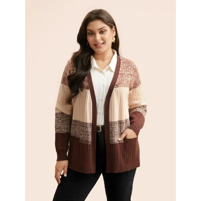 Bloomchic Women's Plus Size Supersoft Essentials Textured Colorblock Contrast Cardigan Yellowishbrown Long Sle