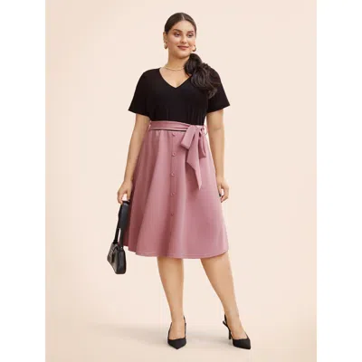 Bloomchic Women's Plus Size Supersoft Essentials Two Tone Pocket Patchwork Belted Dress Rouge Color Block Midi In Red