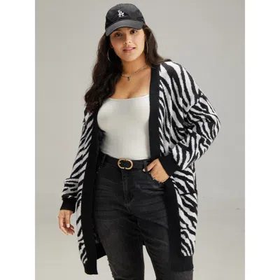 Bloomchic Women's Plus Size Supersoft Essentials Zebra Print Patched Pocket Cardigan Black Long Sleeve 10/m