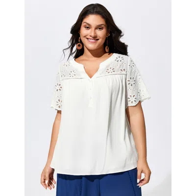 Bloomchic Women's Plus Size Supersoft Eyelet Trim Notched Collar Flowy Blouse Opticwhite Solid Vacation Short  In White