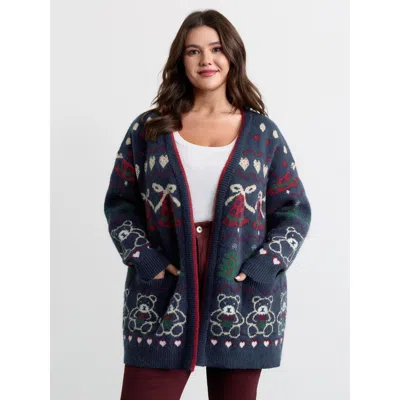 Bloomchic Women's Plus Size Supersoft Festive Pattern Jacquard Pockets Knit Cardigan Indigo Long Sleeve 18-20/ In Purple