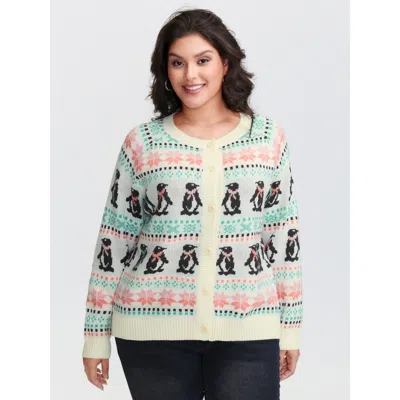 Bloomchic Women's Plus Size Supersoft Festive Penguin Pattern Jacquard Knit Cardigan Ivory Long Sleeve 10/m In White
