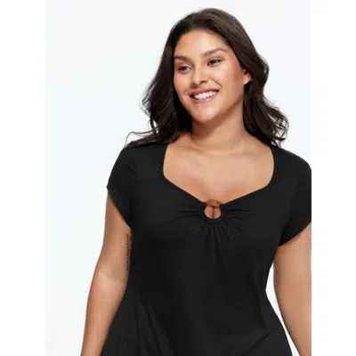 Bloomchic Women's Plus Size Supersoft Fitted Plain T-shirt Black Solid Casual Cap Sleeve Sweetheart Neck 10/m