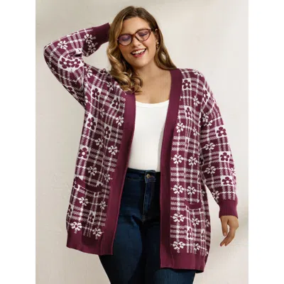 Bloomchic Women's Plus Size Supersoft Floral Checkered Pockets Knit Cardigan Burgundy Long Sleeve 14-16/1x