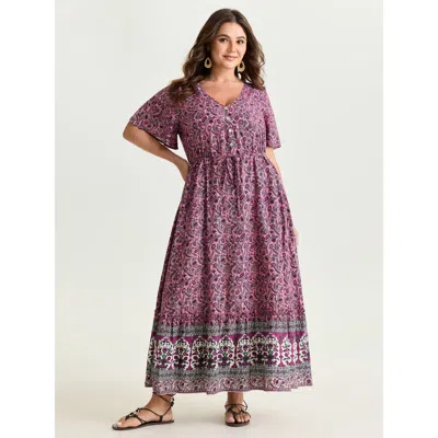 Bloomchic Women's Plus Size Supersoft Floral Color Contrast Print Maxi Dress Magenta Ditsy Floral Maxi Vacatio In Purple