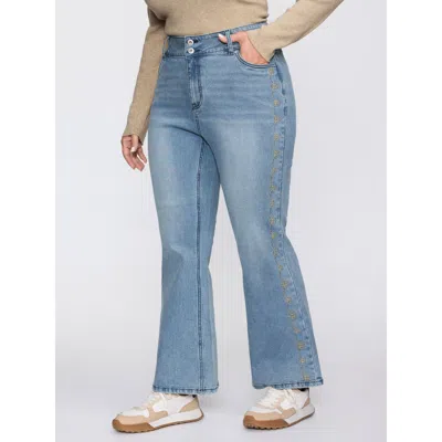 Bloomchic Women's Plus Size Supersoft Floral Embroidered Flared Hem Jeans Denimindigo Embroidered Flared High 