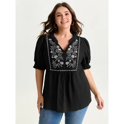 Bloomchic Women's Plus Size Supersoft Floral Embroidered Notched Collar Blouse Black Solid Vacation Short Slee