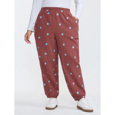 Bloomchic Women's Plus Size Supersoft Floral Embroidered Pants Rust Non Tapered Fit Mid Rise Casual 10/m In Brown