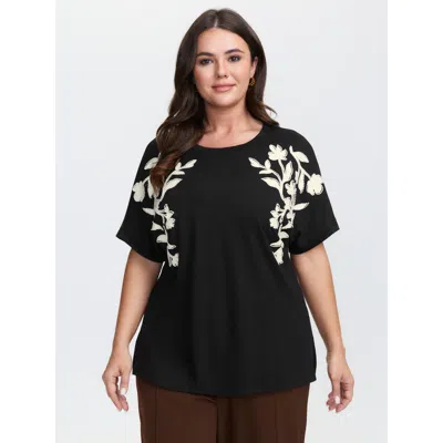 Bloomchic Women's Plus Size Supersoft Floral Embroidered Round Neck T-shirt Black Synthetic Texture Elegant Lo