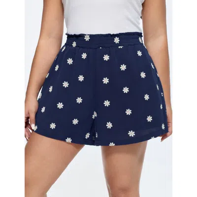 Bloomchic Women's Plus Size Supersoft Floral Embroidered Shorts Indigo Casual Bermuda Smocked Shorts 10/m In Purple