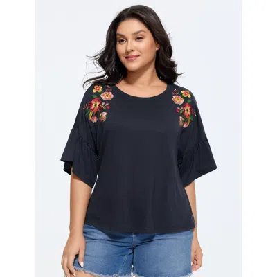 Bloomchic Women's Plus Size Supersoft Floral Embroidered Sleeve T-shirt Midnight Solid Casual Short Sleeve Rou In Blue
