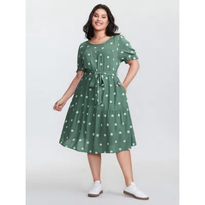 Bloomchic Women's Plus Size Supersoft Floral Embroidered Waist-tie Mini Dress Teal Non Knee Casual Belted 12/l In Blue