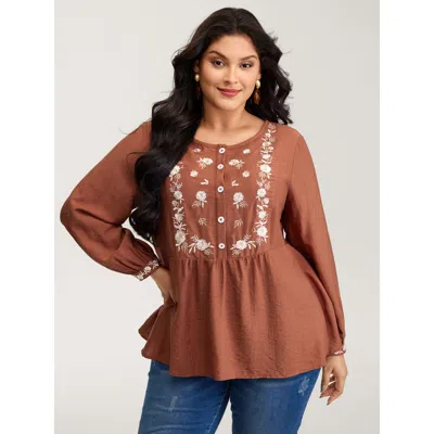 Bloomchic Women's Plus Size Supersoft Floral Embroidery Button Blouse Rust Non Vacation Extra Long Sleeve 12/l In Brown