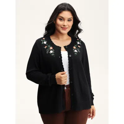 Bloomchic Women's Plus Size Supersoft Floral Embroidery Buttons Knit Cardigan Black Long Sleeve 28/5x