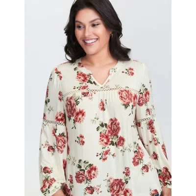 Bloomchic Women's Plus Size Supersoft Floral Lace Trim Knit Top Multicolor Long Sleeve Casual V-notch Neck 14-