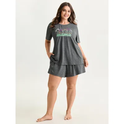 Bloomchic Women's Plus Size Supersoft Floral Mama Embroidered Lounge Set Dimgray Solid Short Sleeve Embroidere