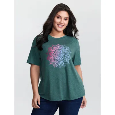 Bloomchic Women's Plus Size Supersoft Floral Motif Round Neck T-shirt Teal Non Casual Short Sleeve 12/l In Blue