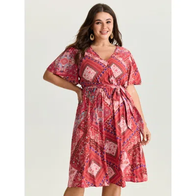 Bloomchic Women's Plus Size Supersoft Floral Patchwork Print Waist-tie Midi Dress Scarlet Ethnic Floral Midi V In Red