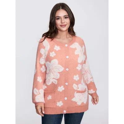 Bloomchic Women's Plus Size Supersoft Floral Pattern Round Neck Stretchy Knit Cardigan Crepe Long Sleeve 22-24