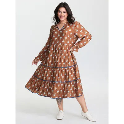 Bloomchic Women's Plus Size Supersoft Floral Print Drawstring Neckline Midi Dress Multicolor Graphic Midi Casu