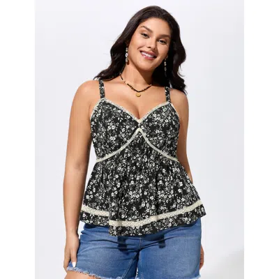Bloomchic Women's Plus Size Supersoft Floral Print Flowy Tank Top Black Vacation A-line Sweetheart Neck 12/l