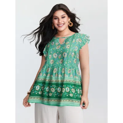 Bloomchic Women's Plus Size Supersoft Floral Print Keyhole Neck Blouse Truegreen Vacation Cap Sleeve 18-20/2x