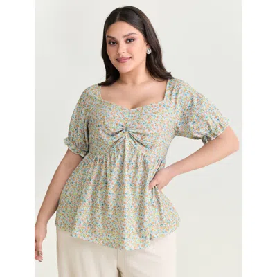 Bloomchic Women's Plus Size Supersoft Floral Print Knit Top Lightblue Short Sleeve Elegant Sweetheart Neck 22- In Blue
