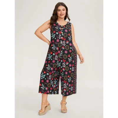 Bloomchic Women's Plus Size Supersoft Floral Print Pockets Jumpsuit Blackflower Vacation 30/6x