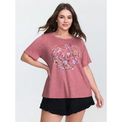 Bloomchic Women's Plus Size Supersoft Floral Print Round Neck T-shirt Beanpastepowder Floral Casual Short Slee