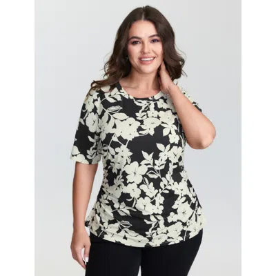 Bloomchic Women's Plus Size Supersoft Floral Print Ruched T-shirt Blackflower Floral Casual Short Sleeve Round