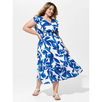 Bloomchic Women's Plus Size Supersoft Floral Print Ruffled Cinched-waist Midi Dress Originalwhite Leaf Maxi Va