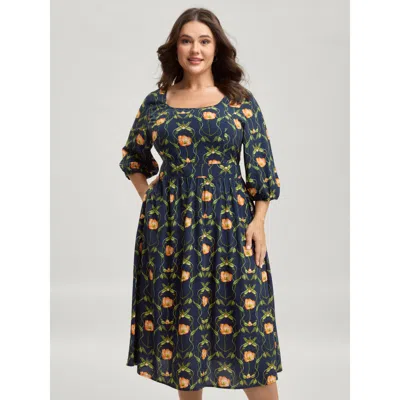 Bloomchic Women's Plus Size Supersoft Floral Print Shirred Midi Dress Indigo Floral Midi Elegant Shirred 10/m In Purple