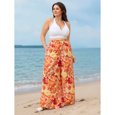 Bloomchic Women's Plus Size Supersoft Floral Print Straight-leg Pants Brightorange Floral Wide Leg Mid Rise Va