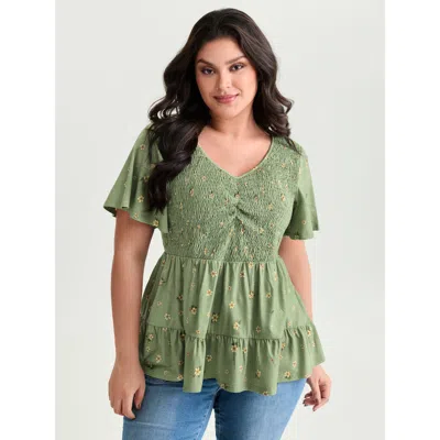 Bloomchic Women's Plus Size Supersoft Floral Shirred Stretchy Knit Top Moss Short Sleeve Casual V-neck 12/l In Green