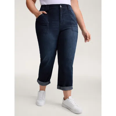 Bloomchic Women's Plus Size Supersoft Front Pockets Straight-leg Mid-rise Jeans Darkindigo Roll Hem Straight F In Purple