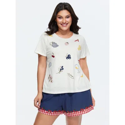 Bloomchic Women's Plus Size Supersoft Fruit Embroidered Round Neck T-shirt Opticwhite Fruit Casual Short Sleev In White
