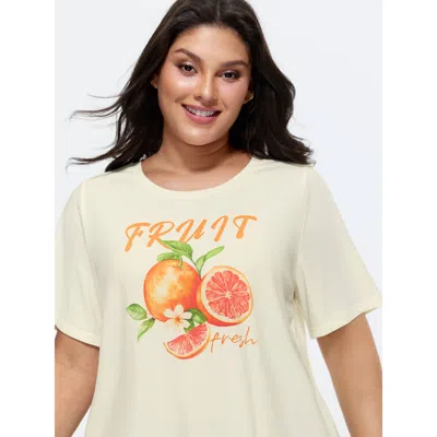 Bloomchic Women's Plus Size Supersoft Fruit Print Round Neck T-shirt Beige Fruit Casual Short Sleeve Round Nec In Sand