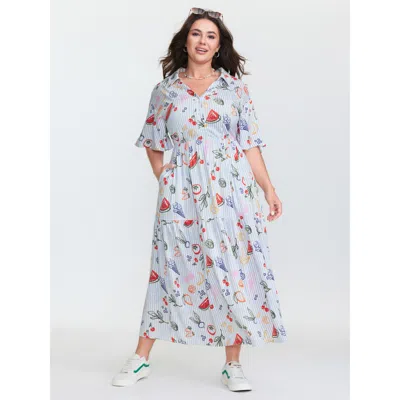 Bloomchic Women's Plus Size Supersoft Fruity Print Collar Tiered Maxi Dress Lightblue Fruit Midi Casual Ruched In Blue