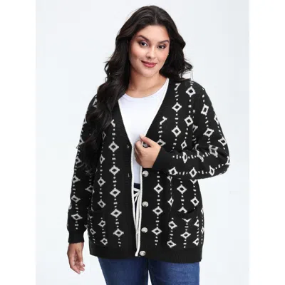 Bloomchic Women's Plus Size Supersoft Geometric Pattern Pockets Button Knit Cardigan Black Long Sleeve 10/m