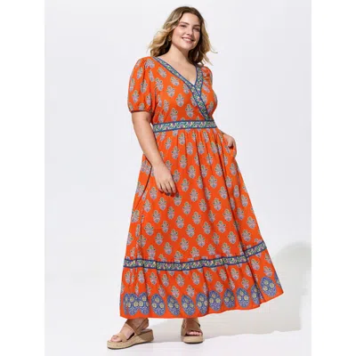 Bloomchic Women's Plus Size Supersoft Geometric Print Color Contrast Flowy Maxi Dress Brightorange Solid Maxi 