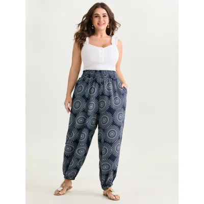 Bloomchic Women's Plus Size Supersoft Geometric Print Pockets Shirred Waist Pants Darkblue High Rise Vacation  In Blue