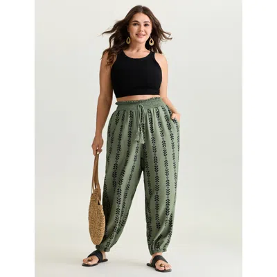 Bloomchic Women's Plus Size Supersoft Geometric Print Shirred Jogger Pants Sage Ethnic Floral Jogger Mid Rise  In Green