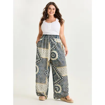 Bloomchic Women's Plus Size Supersoft Geometric Print Shirred Waist Pants Darkblue Ethnic Floral Wide Leg High In Blue