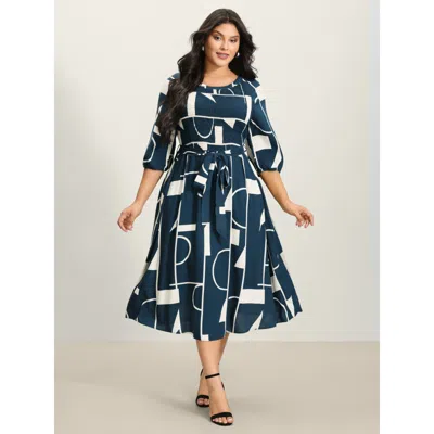 Bloomchic Women's Plus Size Supersoft Geometrical Print Shirred Bodice Tie Maxi Dress Multicolor Geometric Mid