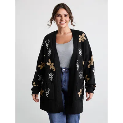 Bloomchic Women's Plus Size Supersoft Gingerbread Holiday Jacquard Pockets Cardigan Black Long Sleeve Deep V-n
