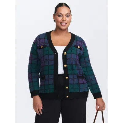 Bloomchic Women's Plus Size Supersoft Grid Pattern Metal Buckle Knit Cardigan Cyan Long Sleeve 22-24/3x In Blue